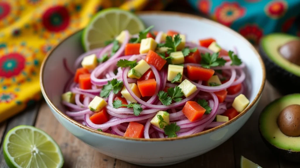 A vibrant cebolla ensalada recipe featuring fresh onions, tomatoes, and herbs served in a bowl.