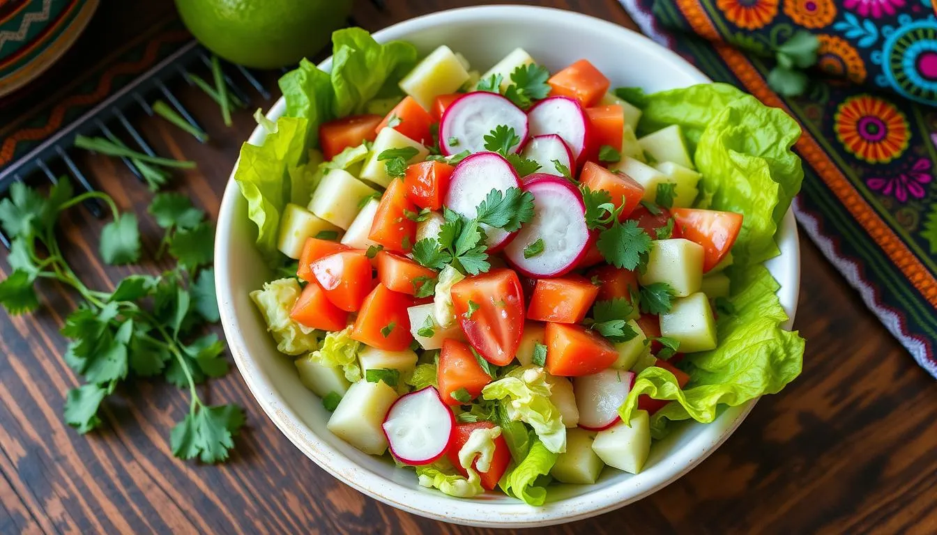 Fresh and vibrant ingredients answering the question 'What is Ensalada Verde Made Of?' including lettuce, tomatoes, cucumbers, and avocados.