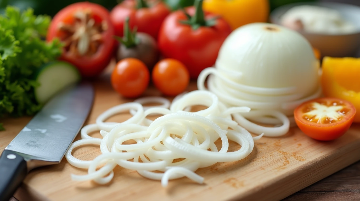 Step-by-step guide showing 'How to prepare onions for salad?' with onions being sliced and soaked to reduce sharpness.