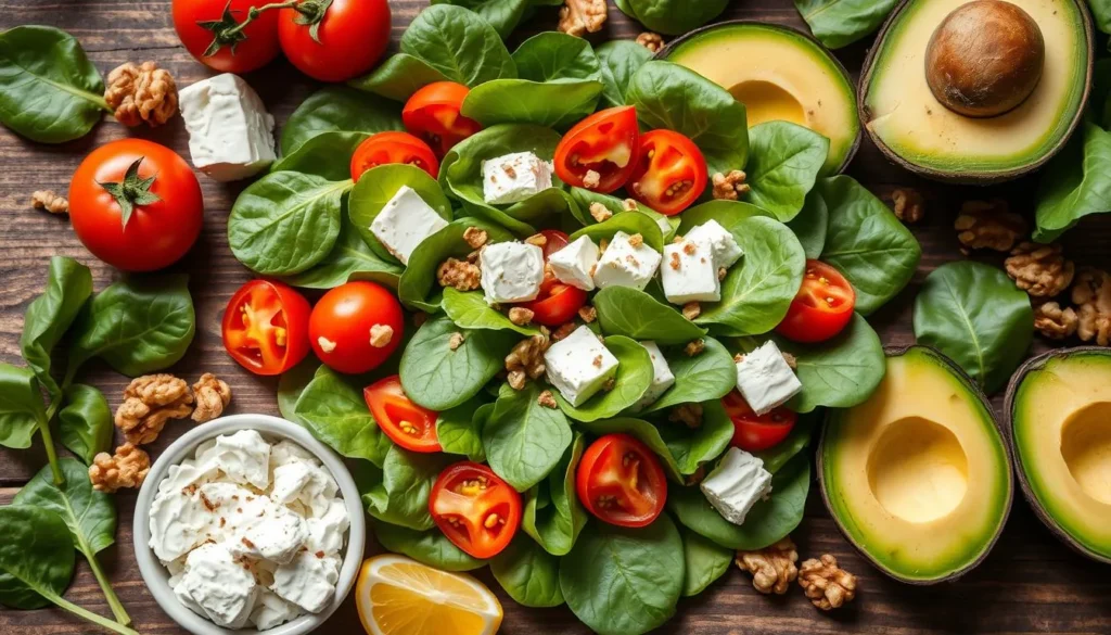 A nutritious plate answering 'What is best to eat with spinach?' featuring spinach paired with eggs, grilled chicken, and roasted vegetables.