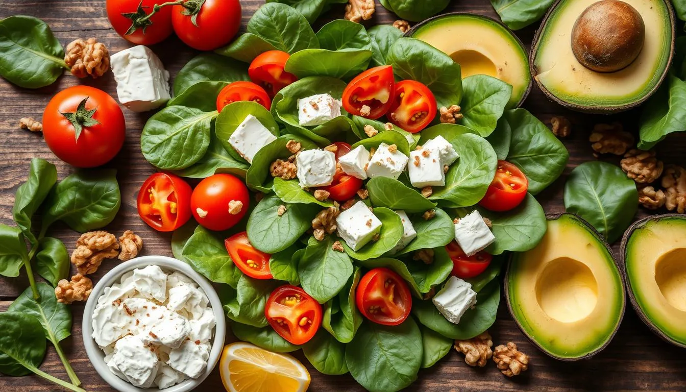 A nutritious plate answering 'What is best to eat with spinach?' featuring spinach paired with eggs, grilled chicken, and roasted vegetables.