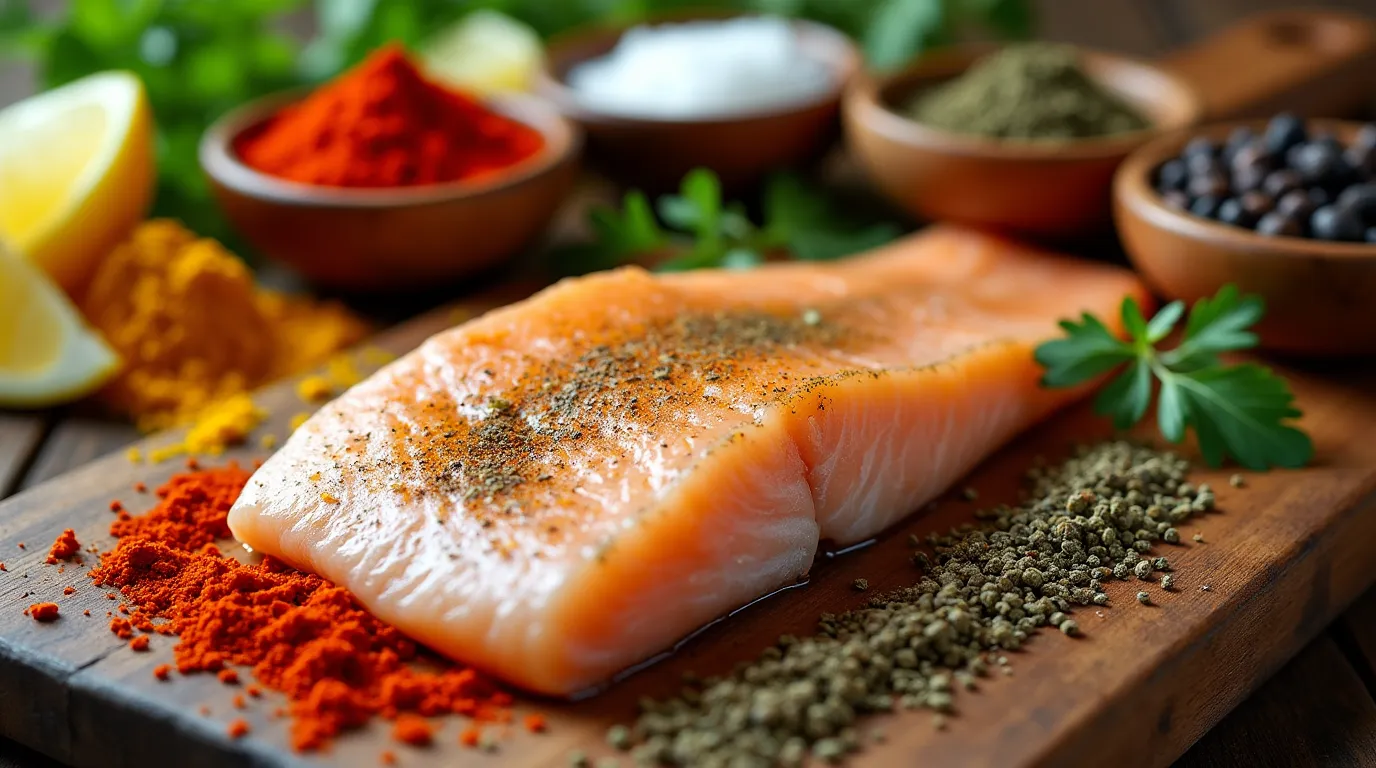 Seasoned fish fillets answering 'How to season fish before frying without flour?' with spices and herbs ready for cooking.