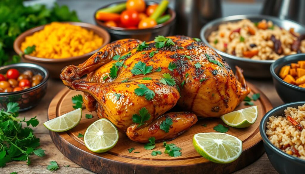 Grilled chicken prepared using the El Pollo Loco recipe, served with a side of fresh salsa and tortillas.