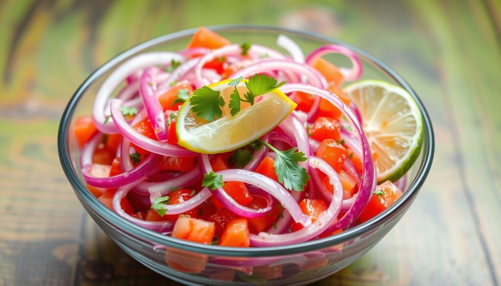 A vibrant cebolla ensalada recipe featuring fresh onions, tomatoes, and herbs served in a bowl.