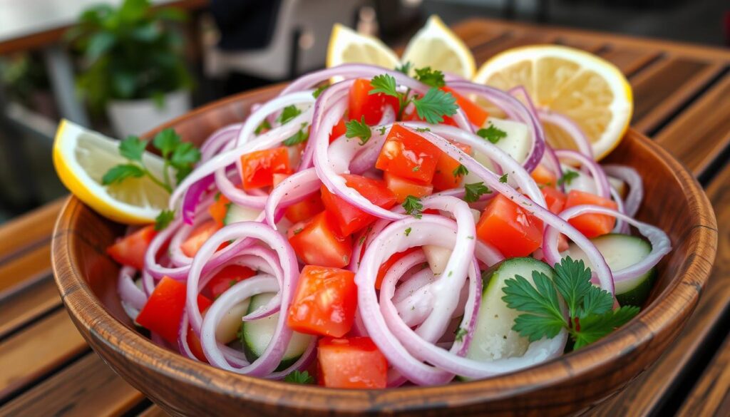 A vibrant cebolla ensalada recipe featuring fresh onions, tomatoes, and herbs served in a bowl.