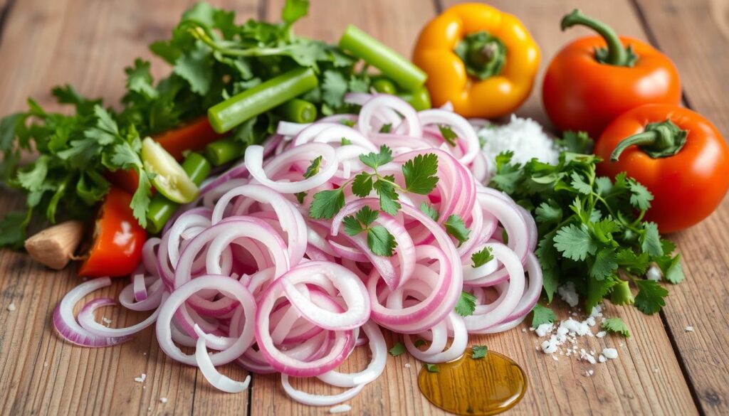 A vibrant cebolla ensalada recipe featuring fresh onions, tomatoes, and herbs served in a bowl.