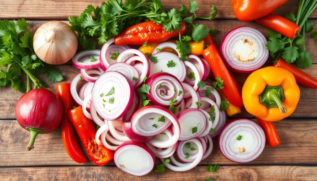 A vibrant cebolla ensalada recipe featuring fresh onions, tomatoes, and herbs served in a bowl.