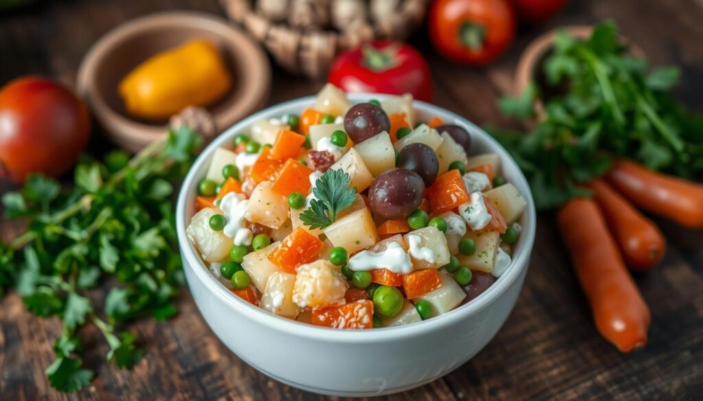 Close-up of a plate of ensalada rusa, answering the question 'What is ensalada rusa made of?' with creamy potatoes, carrots, peas, and mayonnaise.