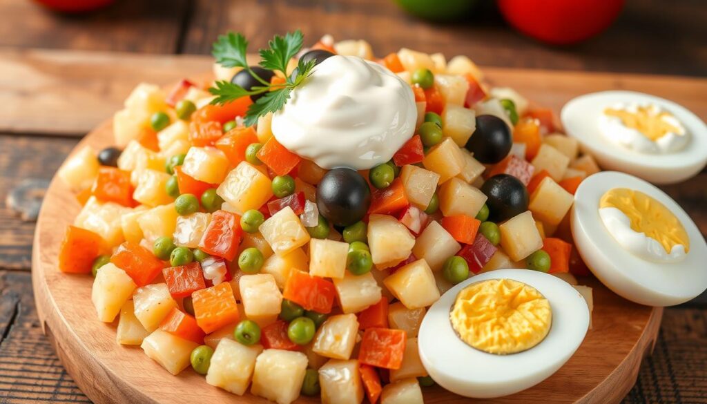 Close-up of a plate of ensalada rusa, answering the question 'What is ensalada rusa made of?' with creamy potatoes, carrots, peas, and mayonnaise.