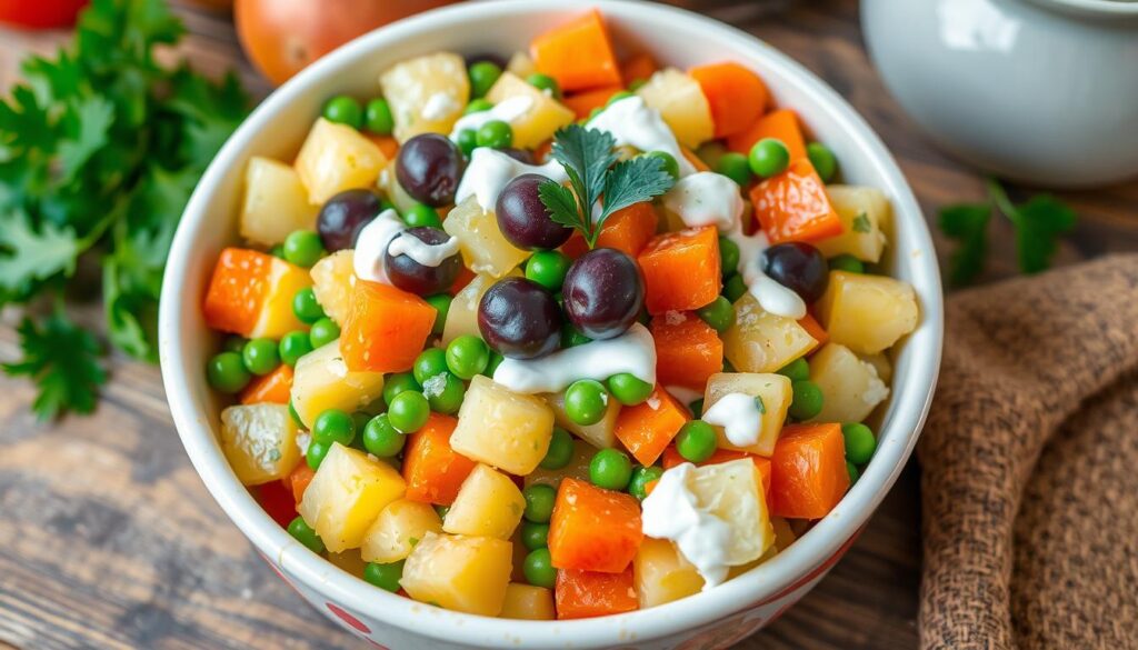 Close-up of a plate of ensalada rusa, answering the question 'What is ensalada rusa made of?' with creamy potatoes, carrots, peas, and mayonnaise.