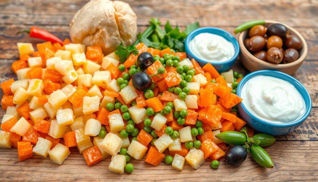 Close-up of a plate of ensalada rusa, answering the question 'What is ensalada rusa made of?' with creamy potatoes, carrots, peas, and mayonnaise.