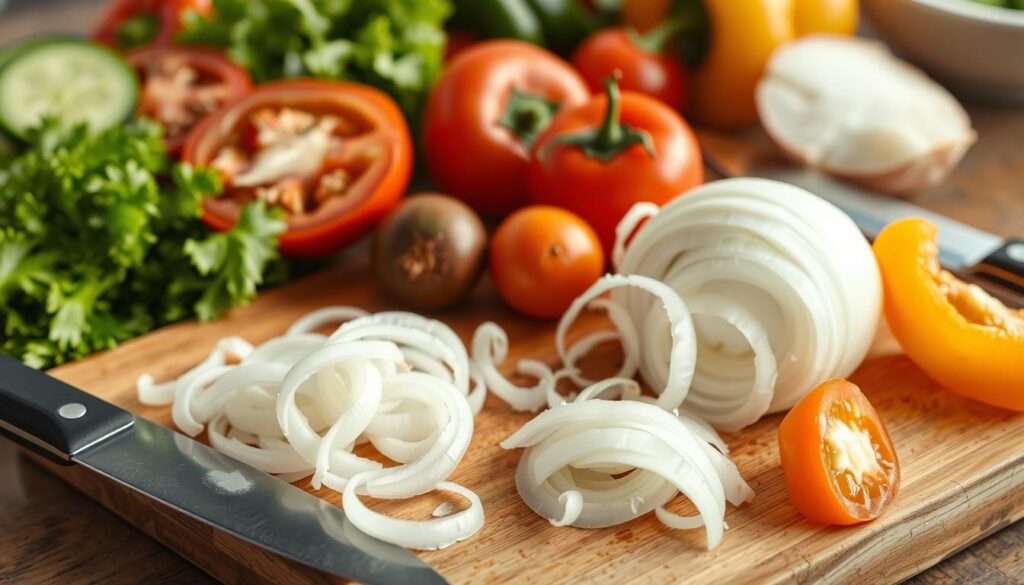 Step-by-step guide showing 'How to prepare onions for salad?' with onions being sliced and soaked to reduce sharpness.