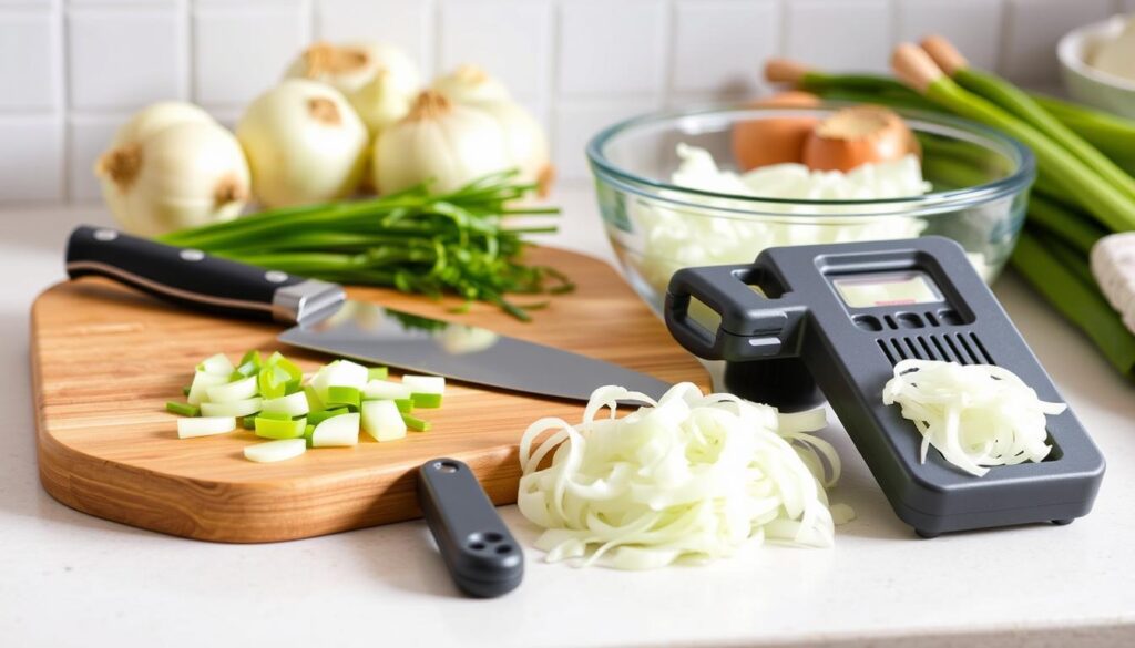 Step-by-step guide showing 'How to prepare onions for salad?' with onions being sliced and soaked to reduce sharpness.