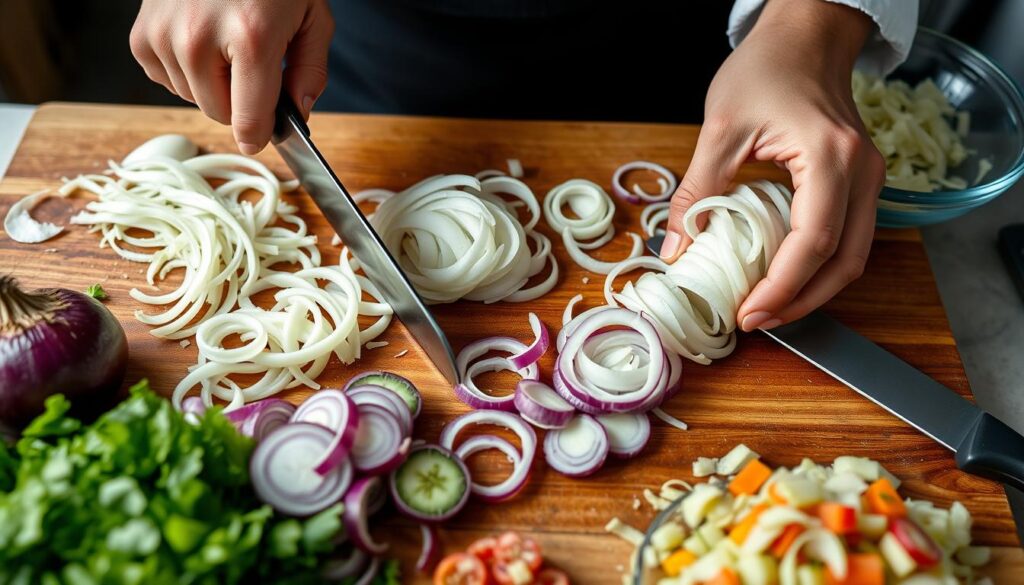 Step-by-step guide showing 'How to prepare onions for salad?' with onions being sliced and soaked to reduce sharpness.