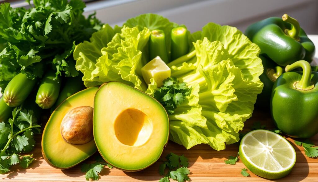 Fresh and vibrant ingredients answering the question 'What is Ensalada Verde Made Of?' including lettuce, tomatoes, cucumbers, and avocados.