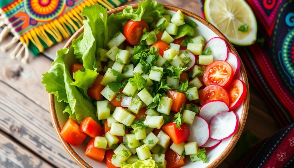 Fresh and vibrant ingredients answering the question 'What is Ensalada Verde Made Of?' including lettuce, tomatoes, cucumbers, and avocados.