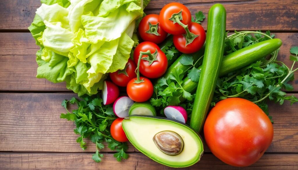 Fresh and vibrant ingredients answering the question 'What is Ensalada Verde Made Of?' including lettuce, tomatoes, cucumbers, and avocados.