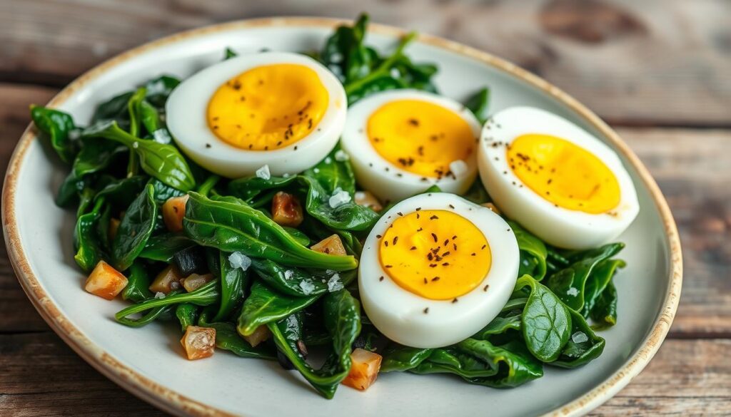 Delicious spinach with boiled eggs recipe featuring sautéed spinach and sliced boiled eggs on a plate.