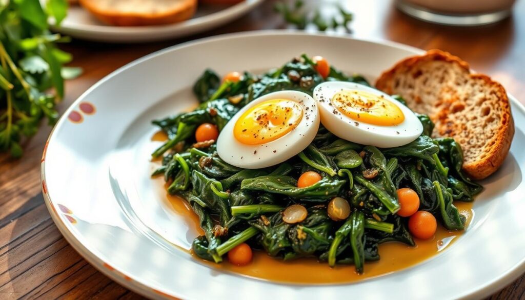 Delicious spinach with boiled eggs recipe featuring sautéed spinach and sliced boiled eggs on a plate.