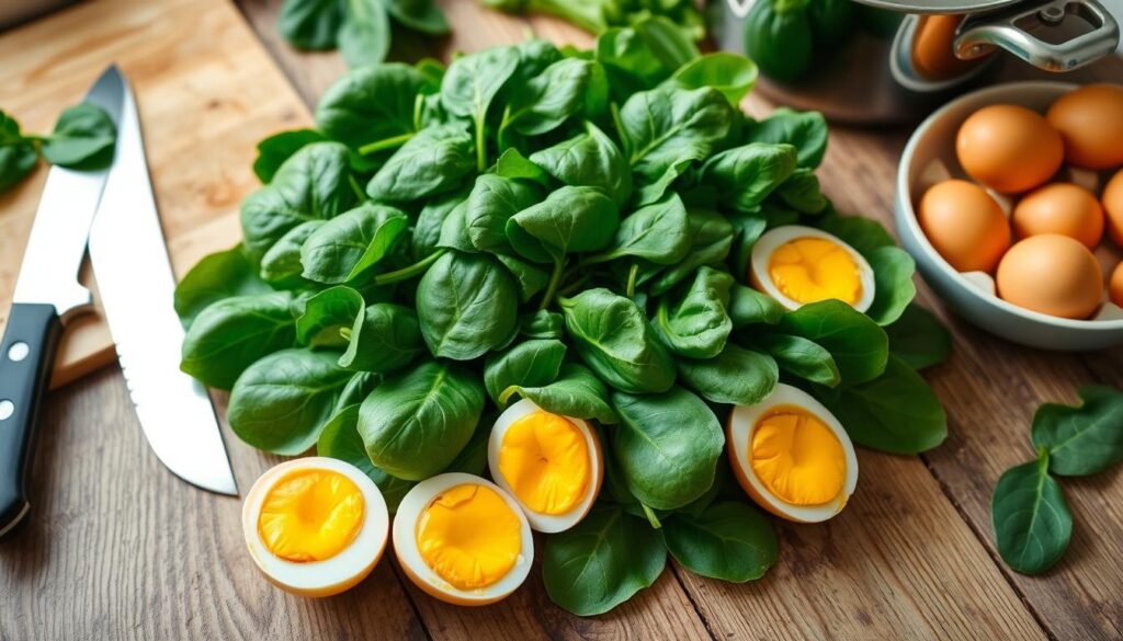 Delicious spinach with boiled eggs recipe featuring sautéed spinach and sliced boiled eggs on a plate.