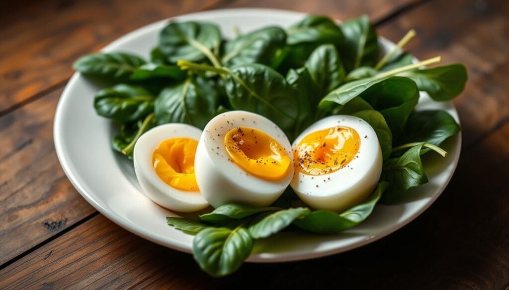 A healthy combination answering the question 'Can we eat spinach and boiled eggs together?' served as a nutritious meal.