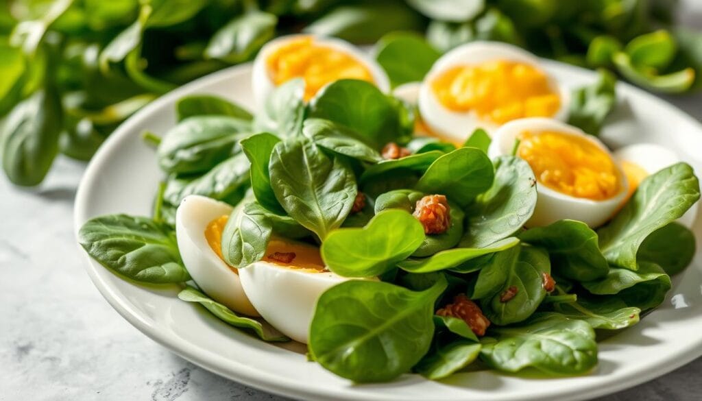 A healthy combination answering the question 'Can we eat spinach and boiled eggs together?' served as a nutritious meal.