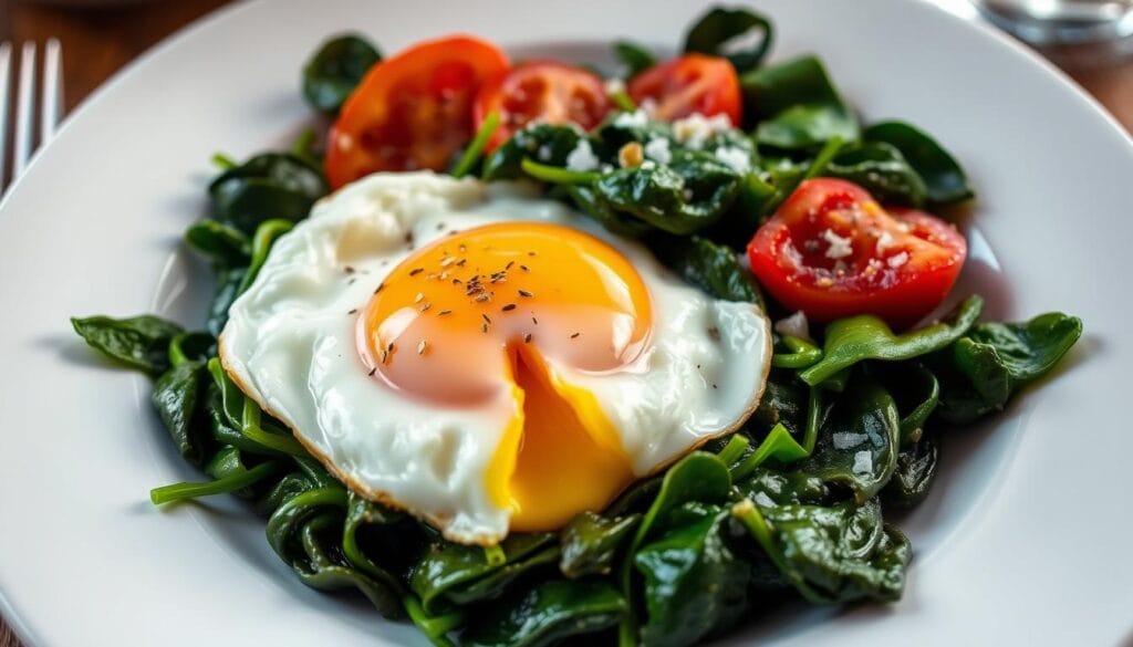 A plate of spinach and eggs addressing the question 'Should you eat spinach with eggs?' as a healthy meal option.