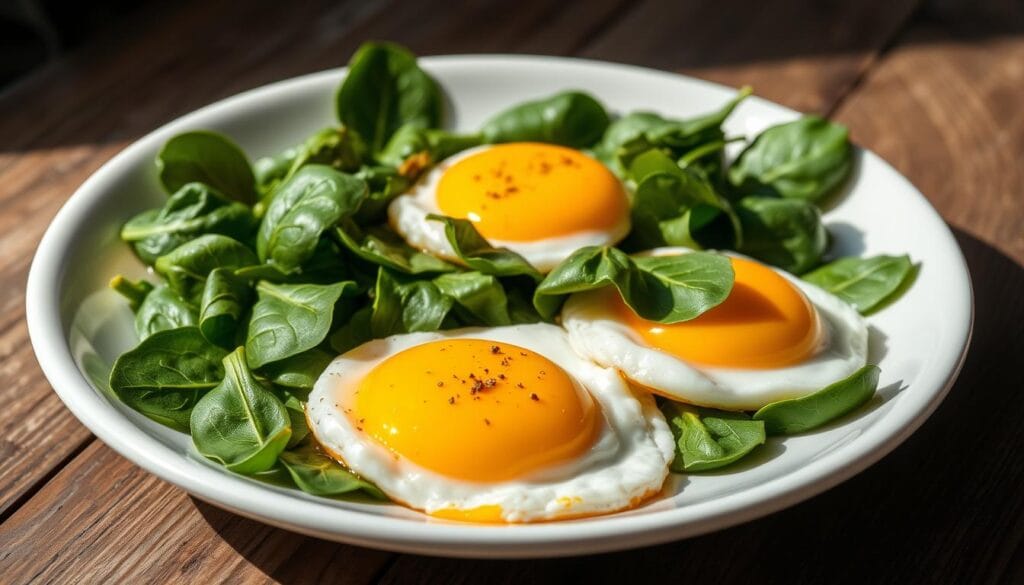 A plate of spinach and eggs addressing the question 'Should you eat spinach with eggs?' as a healthy meal option.