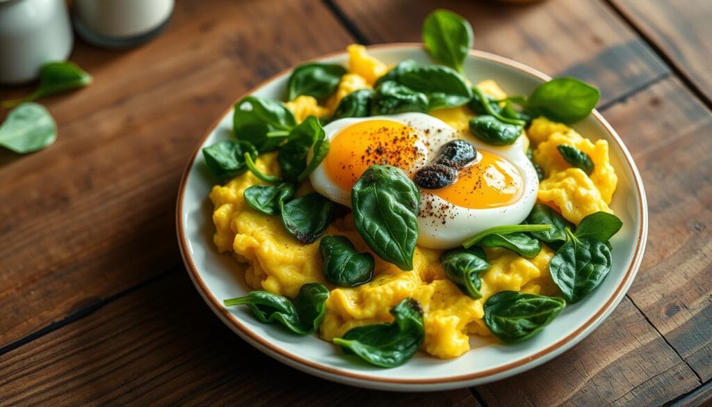 A plate of spinach and eggs addressing the question 'Should you eat spinach with eggs?' as a healthy meal option.