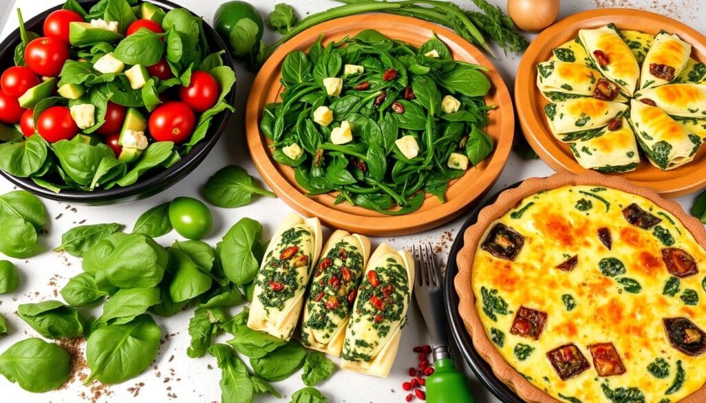 A nutritious plate answering what is best to eat with spinach?, featuring spinach paired with eggs, grilled chicken, and roasted vegetables.

