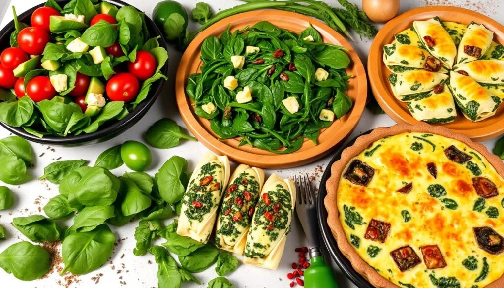 A nutritious plate answering what is best to eat with spinach?, featuring spinach paired with eggs, grilled chicken, and roasted vegetables.