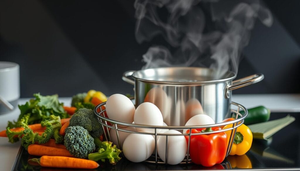 Boiled egg and vegetables in a pot, answering the question 'Can I boil egg and vegetables together?' as a simple cooking method.