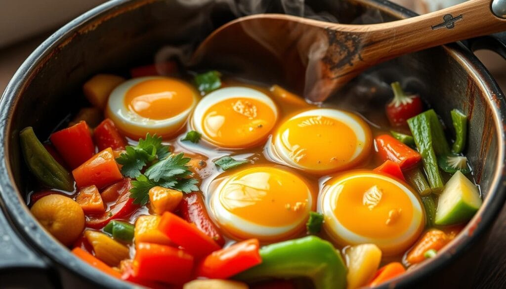 Boiled egg and vegetables in a pot, answering the question 'Can I boil egg and vegetables together?' as a simple cooking method.