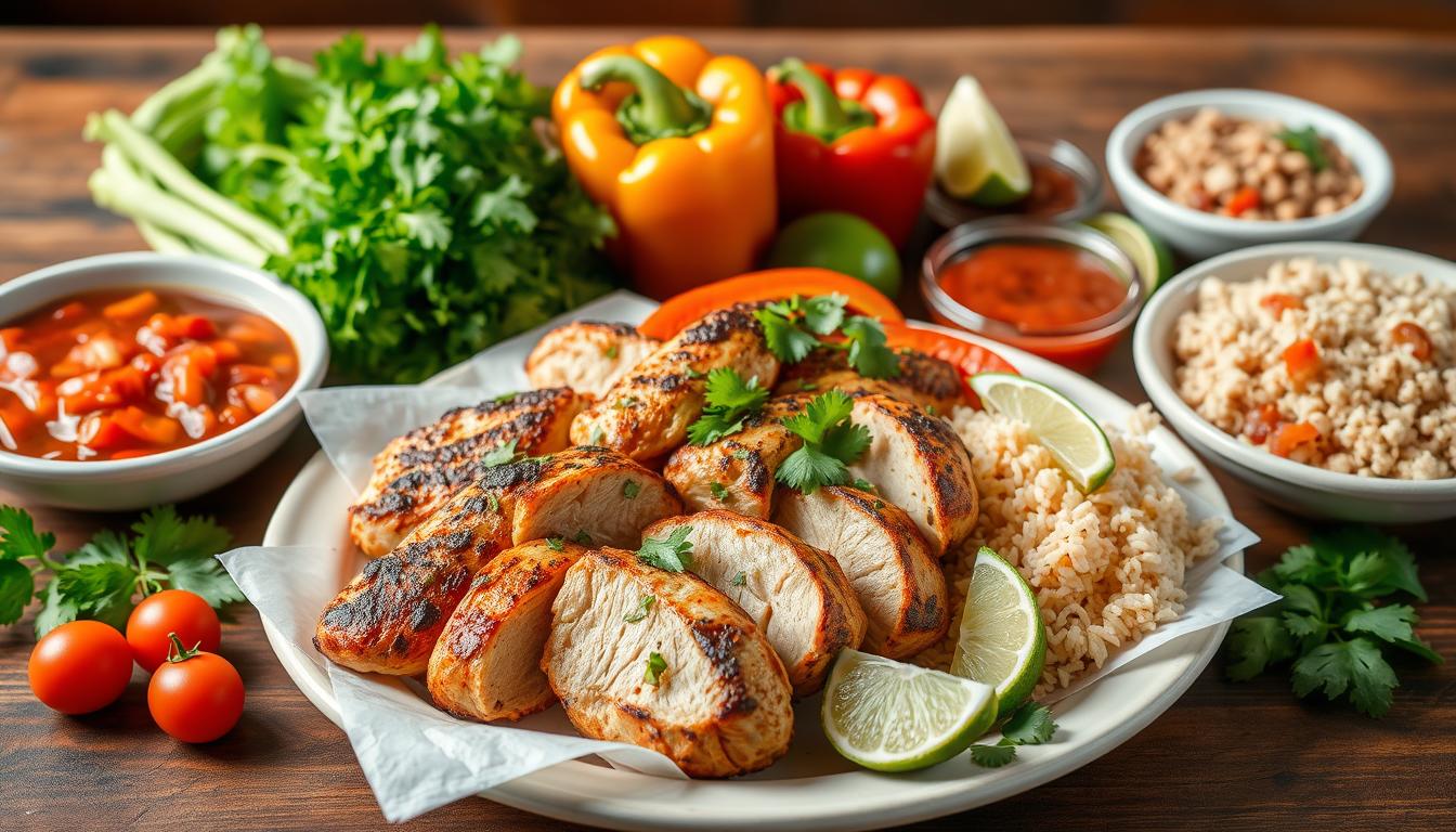 A flavorful display of ingredients answering 'What are the ingredients of El Pollo Loco?' including chicken, citrus, and spices.