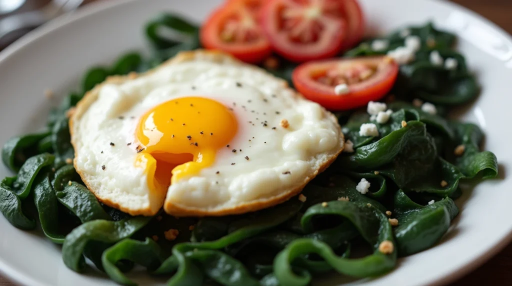 A plate of spinach and eggs addressing the question 'Should you eat spinach with eggs?' as a healthy meal option.