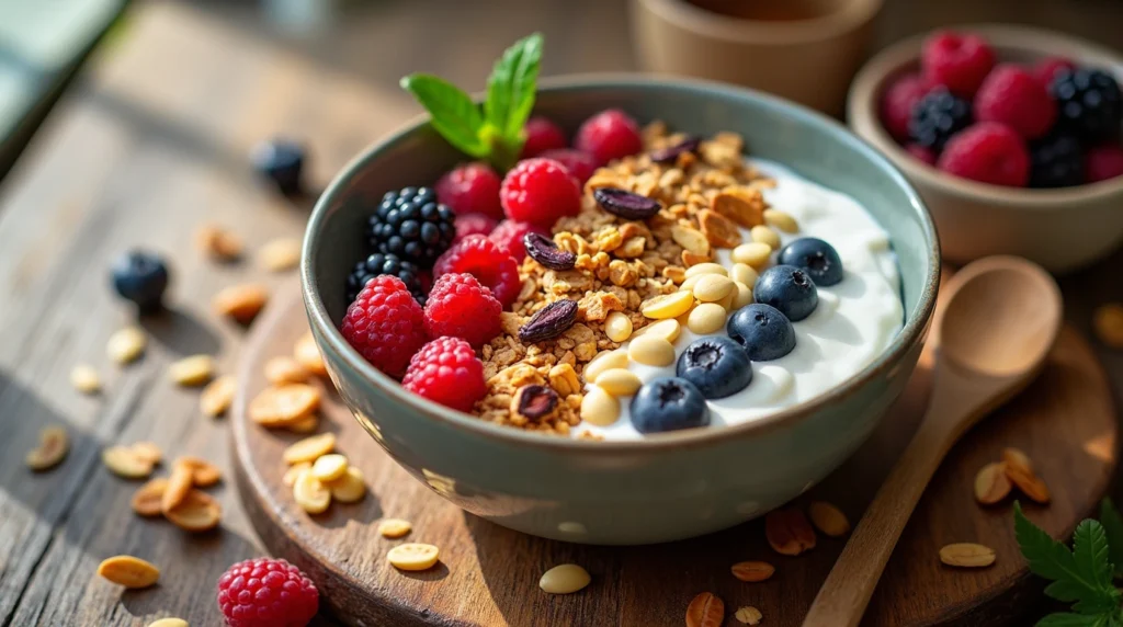 A bowl of healthy granola with nuts, seeds, and dried fruits, answering 'What is the healthiest granola to eat?' with wholesome ingredients.