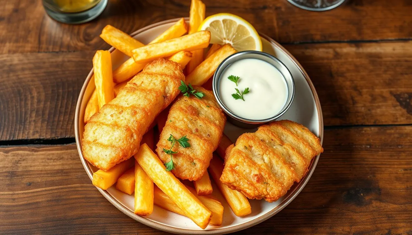 A plate of lectin free fish and chips recipe featuring crispy fish and golden root vegetable fries.