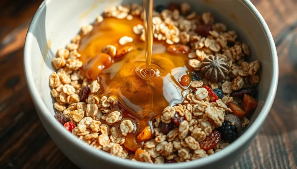 A bowl of granola clusters answering 'What ingredient makes granola stick together?' with honey and syrup on the side.