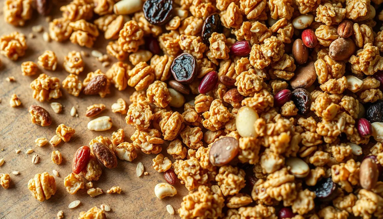 A tray of homemade granola answering 'Why are homemade granola not crunchy?' with uneven baking and clumps.