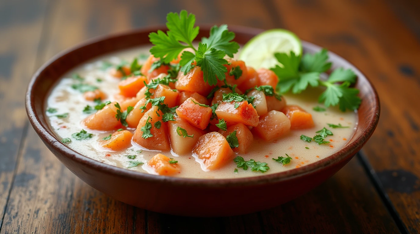 A bowl of ingredients answering 'What is tiger's milk made of?' with lime juice, fish stock, garlic, ginger, and chili peppers.