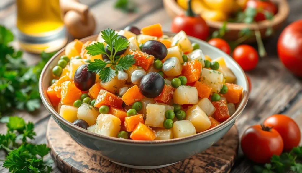 Close-up of a plate of ensalada rusa, answering the question 'What is ensalada rusa made of?' with creamy potatoes, carrots, peas, and mayonnaise.