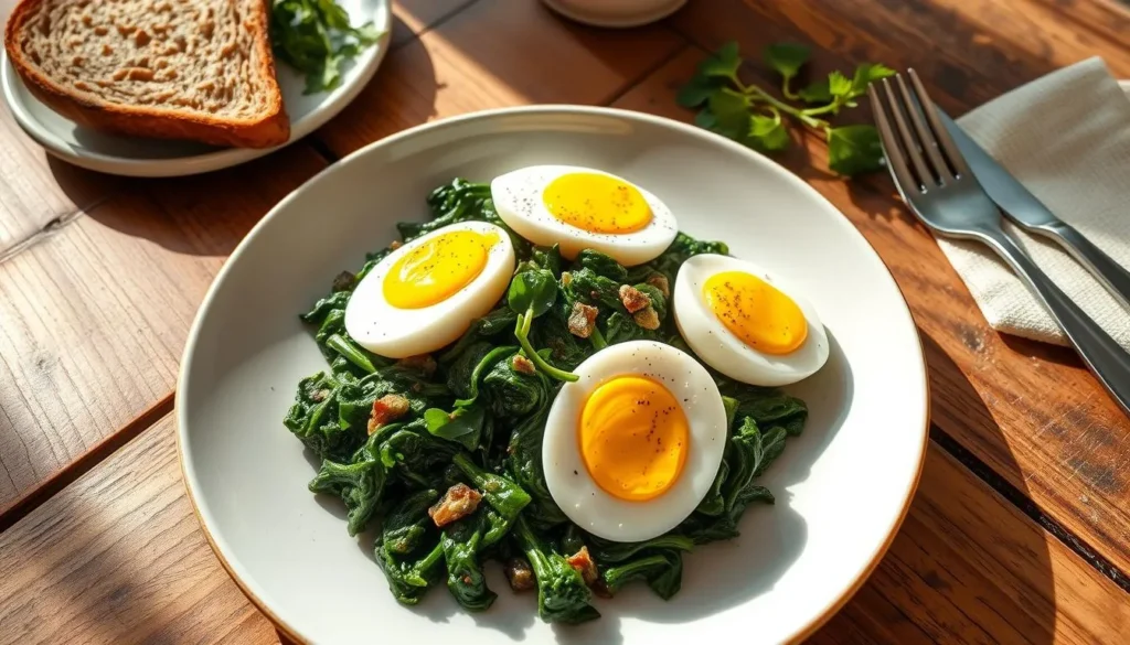 Delicious spinach with boiled eggs recipe featuring sautéed spinach and sliced boiled eggs on a plate.