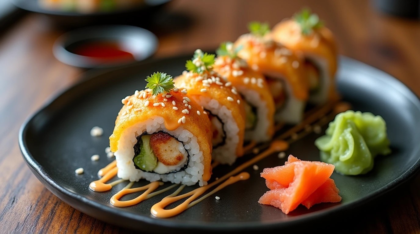 A beautifully arranged plate of chicken tempura rolls garnished with fresh parsley and served with soy sauce and wasabi on the side.