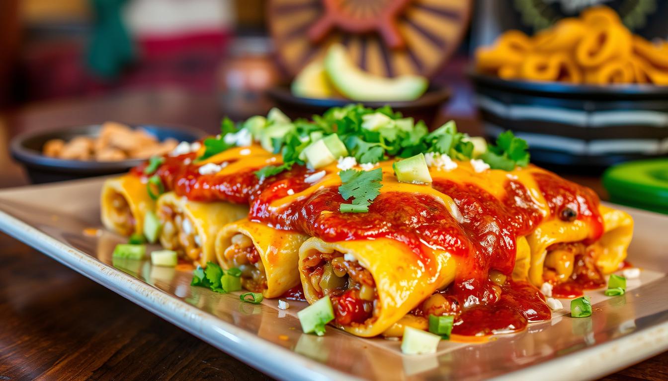 A plate of Boulders Enchilada Recipe showcasing tortillas filled with flavorful ingredients, topped with melted cheese, fresh cilantro, and served with a side of salsa.