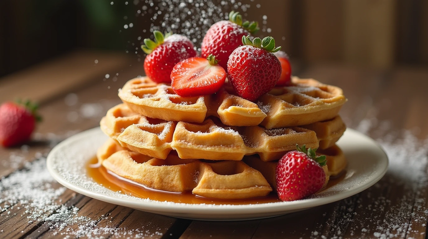 Freshly made strawberry waffles topped with sliced strawberries, whipped cream, and a drizzle of syrup.