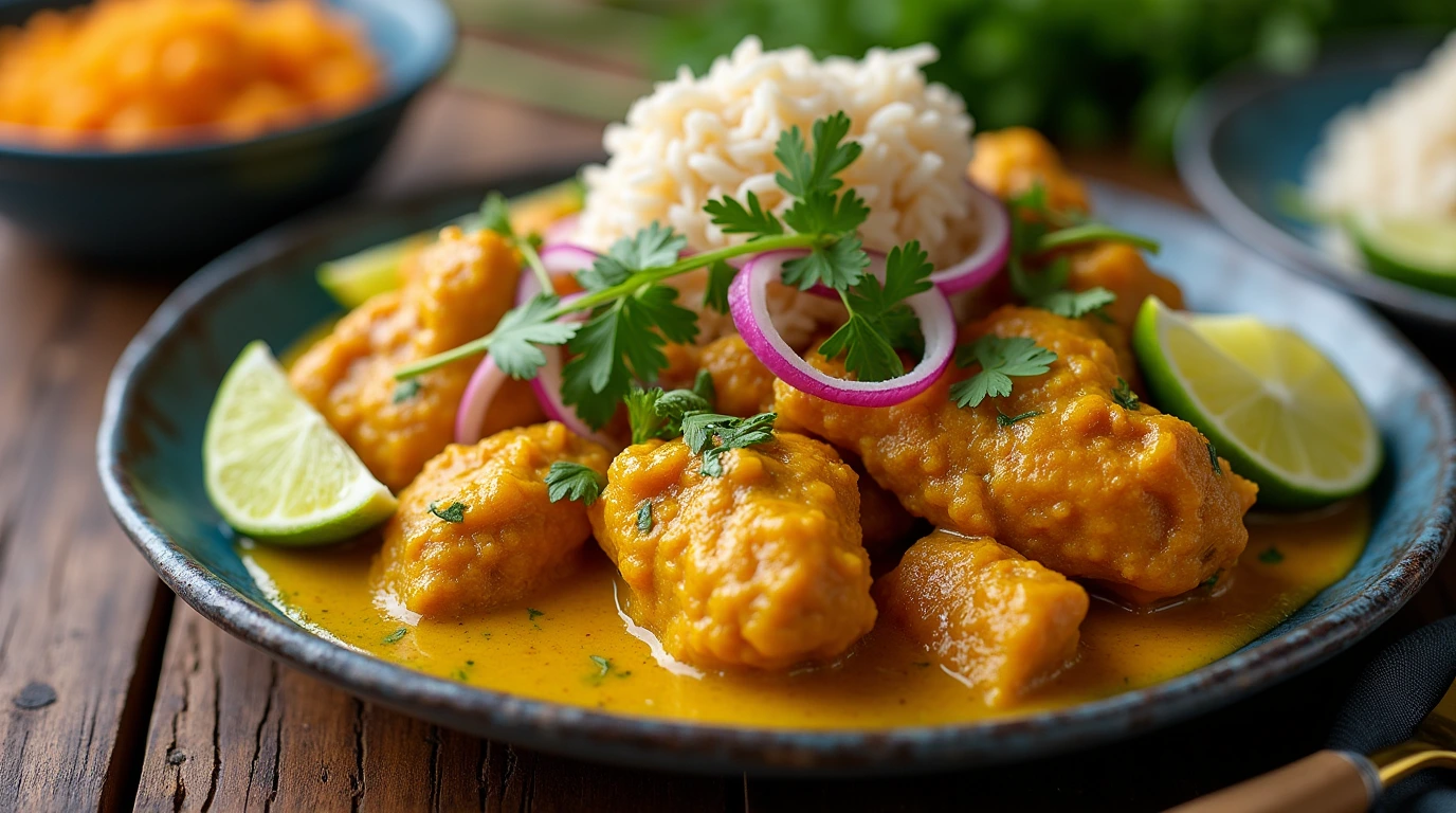 A flavorful plate of churu chicken amarillo recipe featuring tender chicken in a creamy yellow sauce with spices.