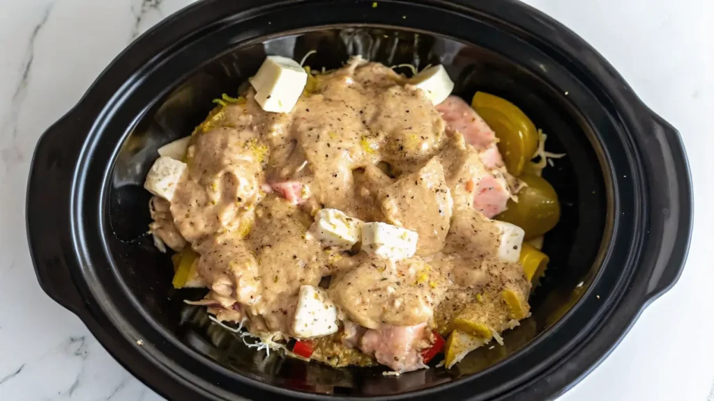 A hearty serving of crockpot garlic parmesan chicken and potatoes, cooked to perfection with creamy sauce and herbs.