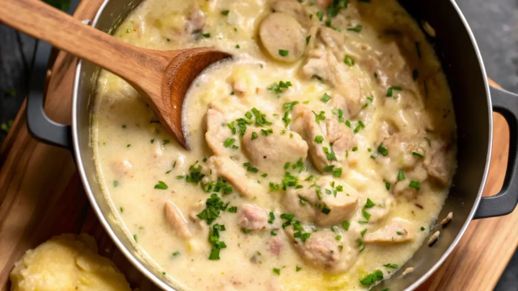 A hearty serving of crockpot garlic parmesan chicken and potatoes, cooked to perfection with creamy sauce and herbs.