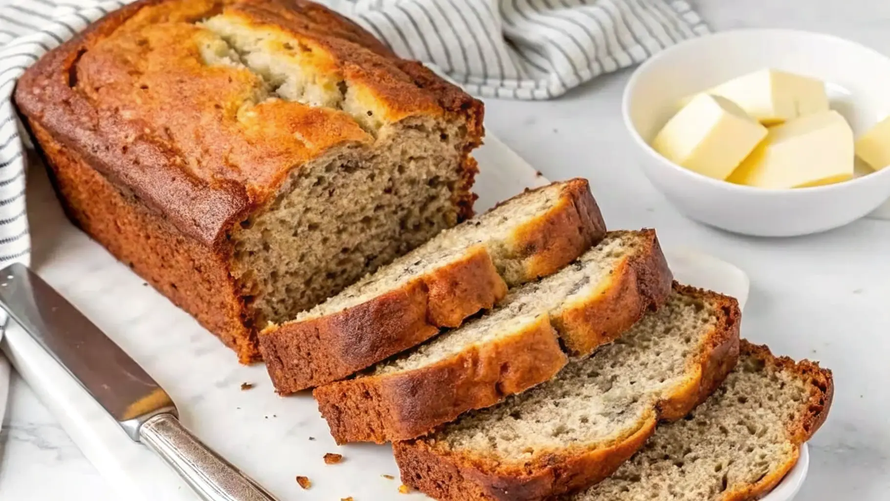 A freshly baked loaf of banana bread, sliced and ready to serve