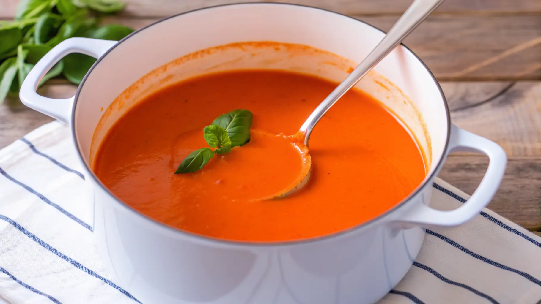 A warm bowl of creamy tomato soup, garnished with fresh basil leaves.